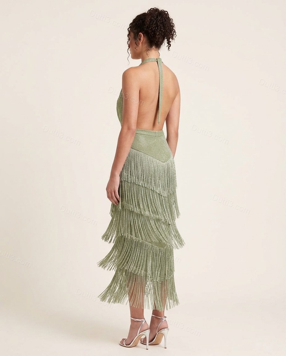 Sage Green Elevated Tiered Midi Dress by Dutti3