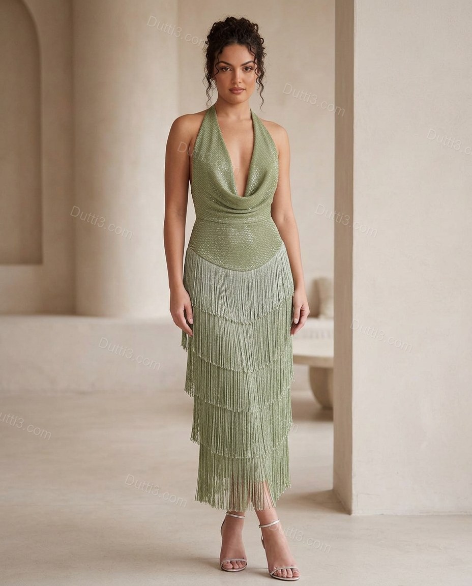 Sage Green Elevated Tiered Midi Dress by Dutti3