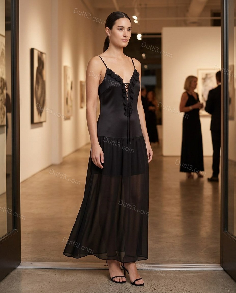 Black Polished Ruffled Midi Dress by Dutti3