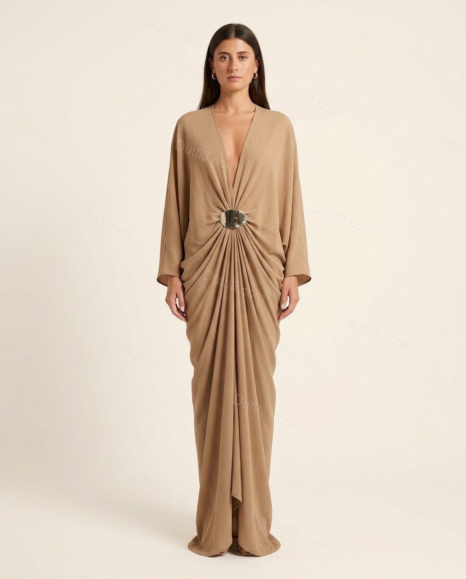 Tan Maxi Dress, front studio view, by Dutti3