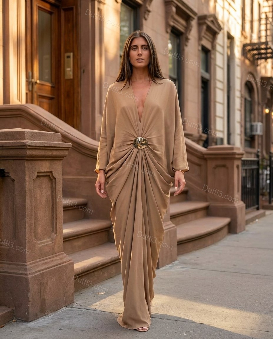 Tan Maxi Dress, three-quarter brand lifestyle view, by Dutti3