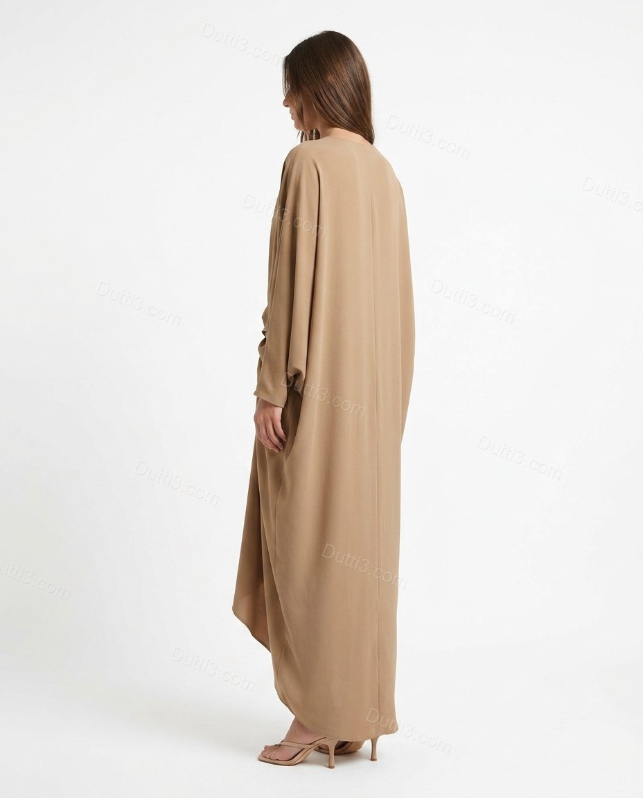 Tan Maxi Dress, back studio view showing clean, minimalist back silhouette with fluid drape, by Dutti3