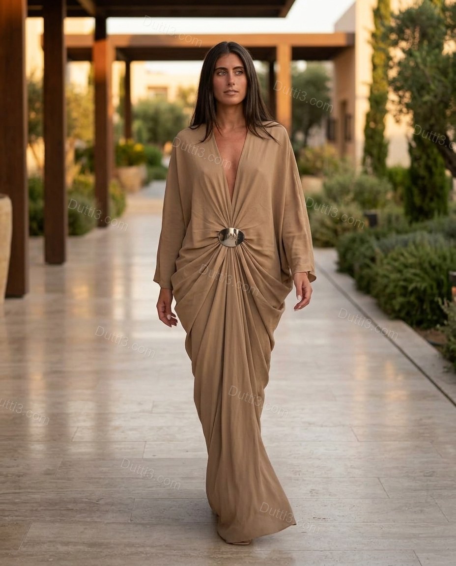 Tan Maxi Dress, movement and fit lifestyle view, by Dutti3