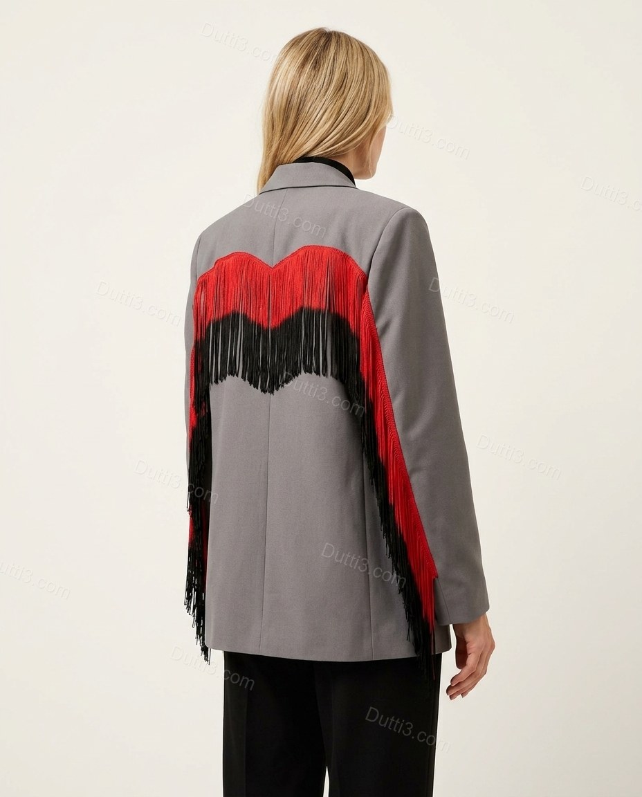 Grey Fringe Blazer, back studio view, by Dutti3