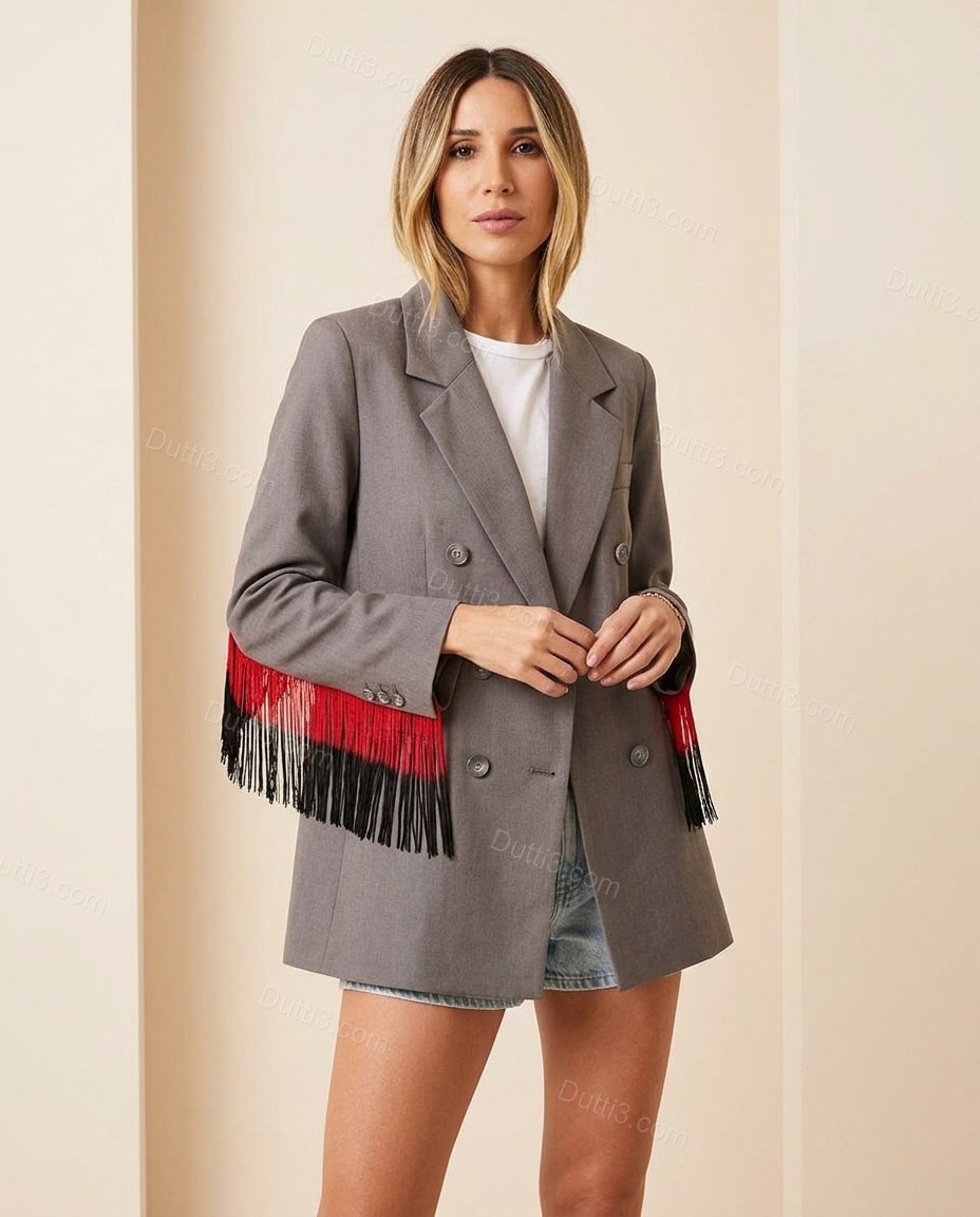 Grey Fringe Blazer, full-length hero view, by Dutti3