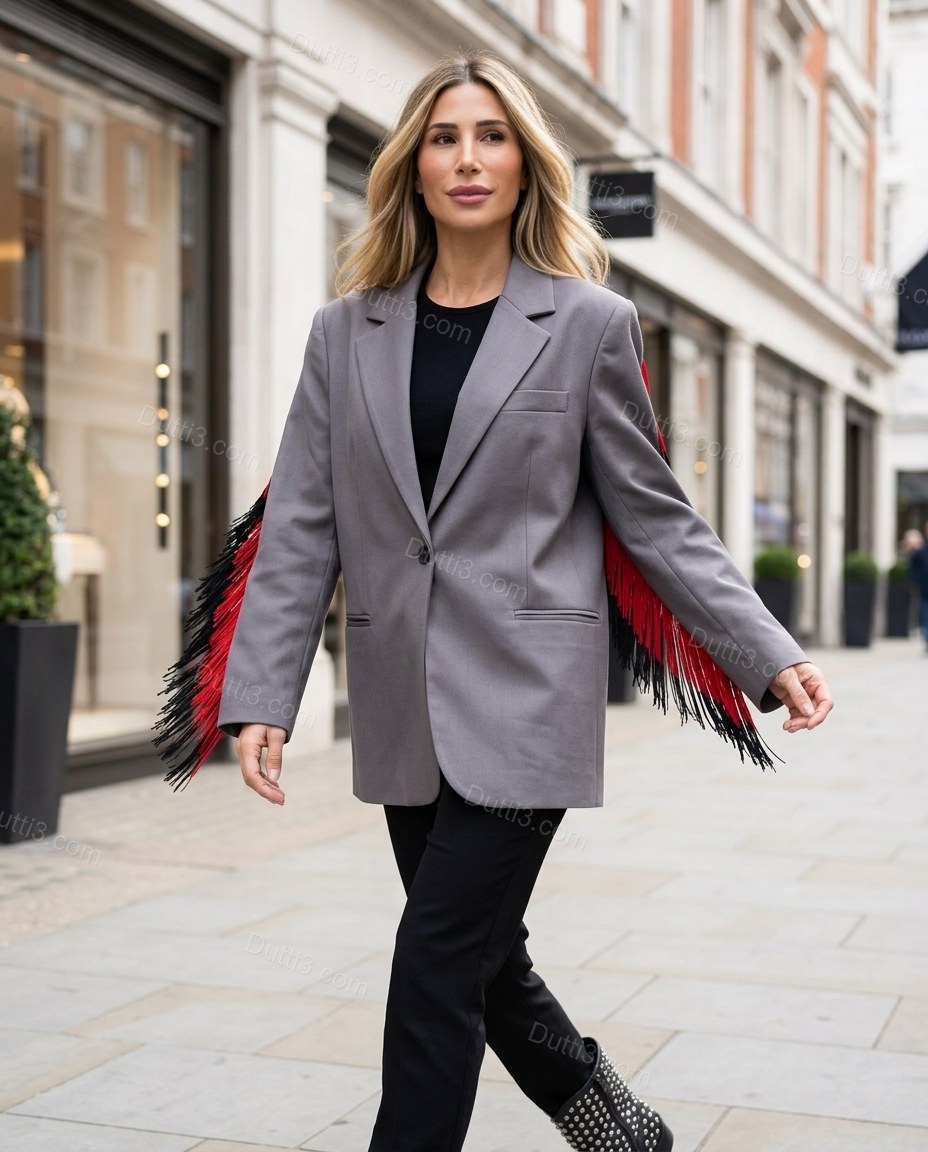 Grey Fringe Blazer, walking lifestyle view, by Dutti3