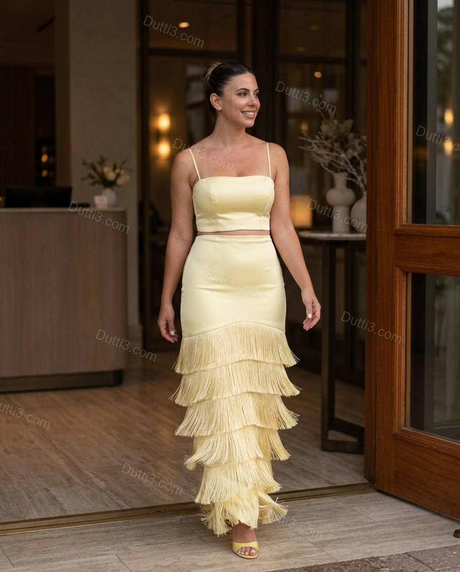 Yellow Maxi Tiered Fringe Top & Skirt Set, alternate use-case lifestyle view, by Dutti3