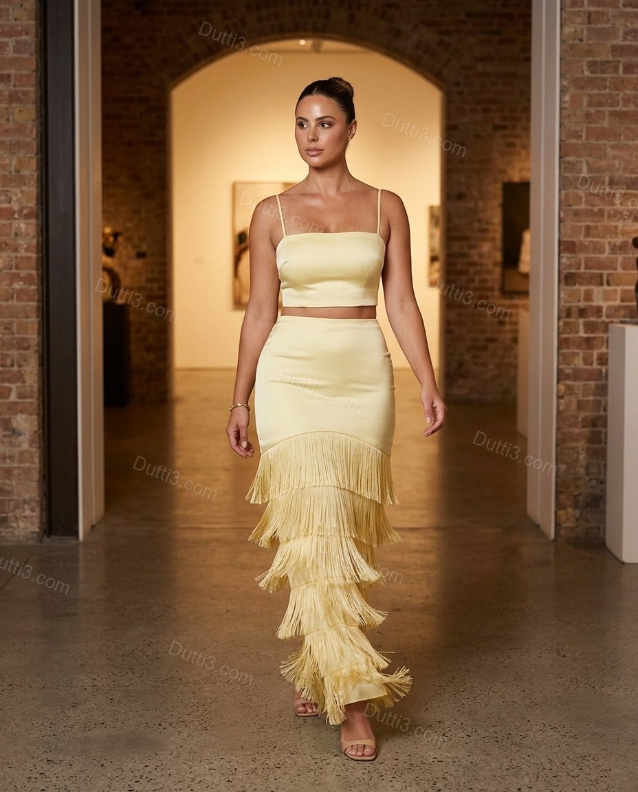 Yellow Maxi Tiered Fringe Top & Skirt Set, walking lifestyle view, by Dutti3