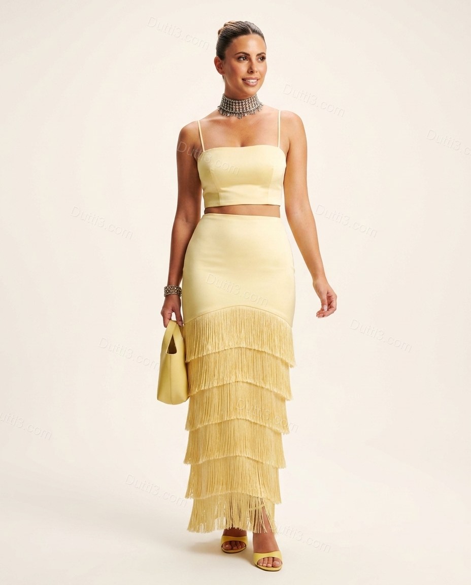 Yellow Maxi Tiered Fringe Top & Skirt Set, front studio view, by Dutti3