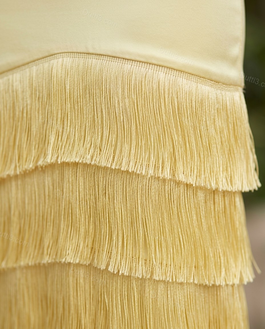 Yellow Maxi Tiered Fringe Top & Skirt Set, close-up of tiered fringe, cropped top and crop top, by Dutti3