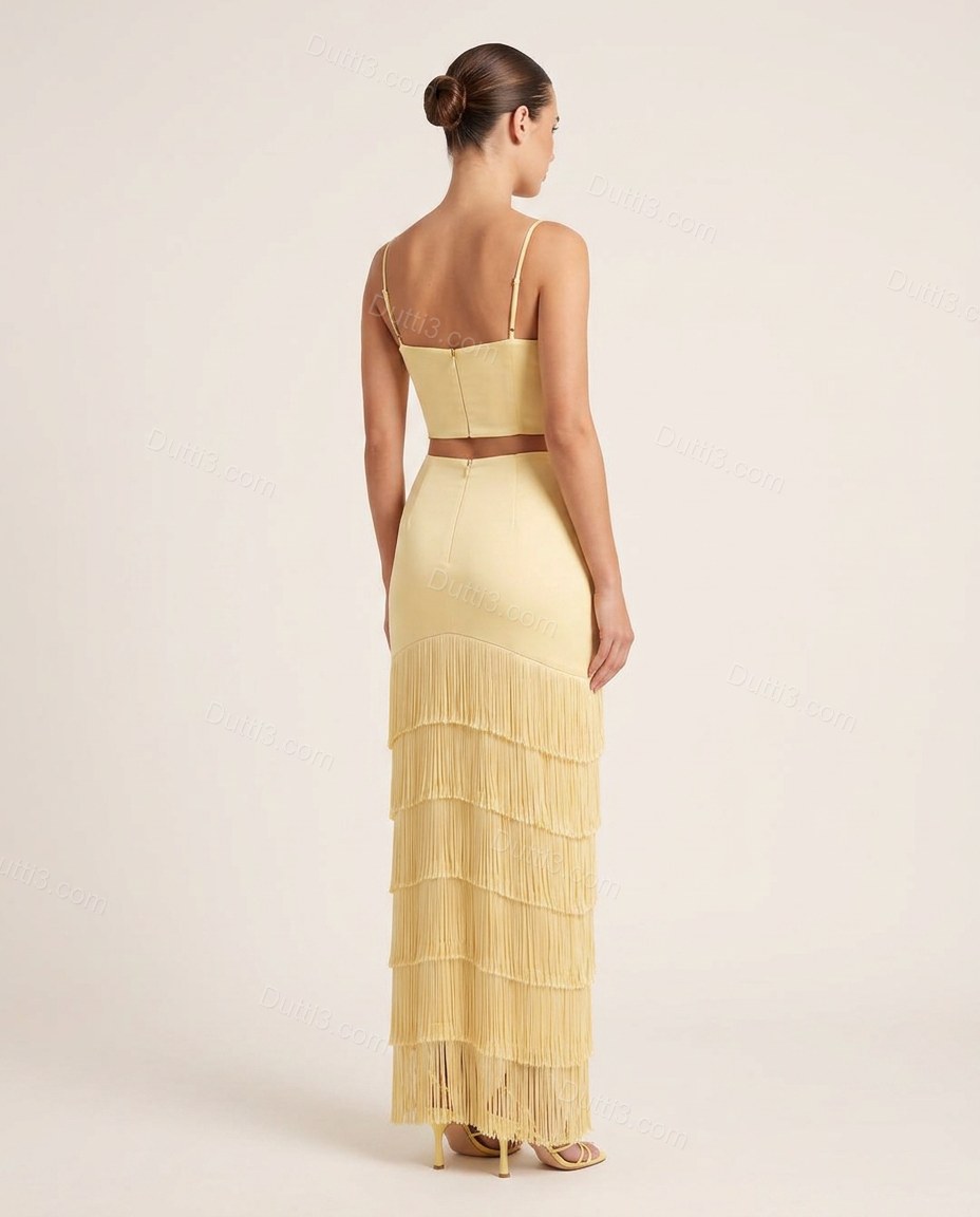 Yellow Maxi Tiered Fringe Top & Skirt Set, back studio view, by Dutti3