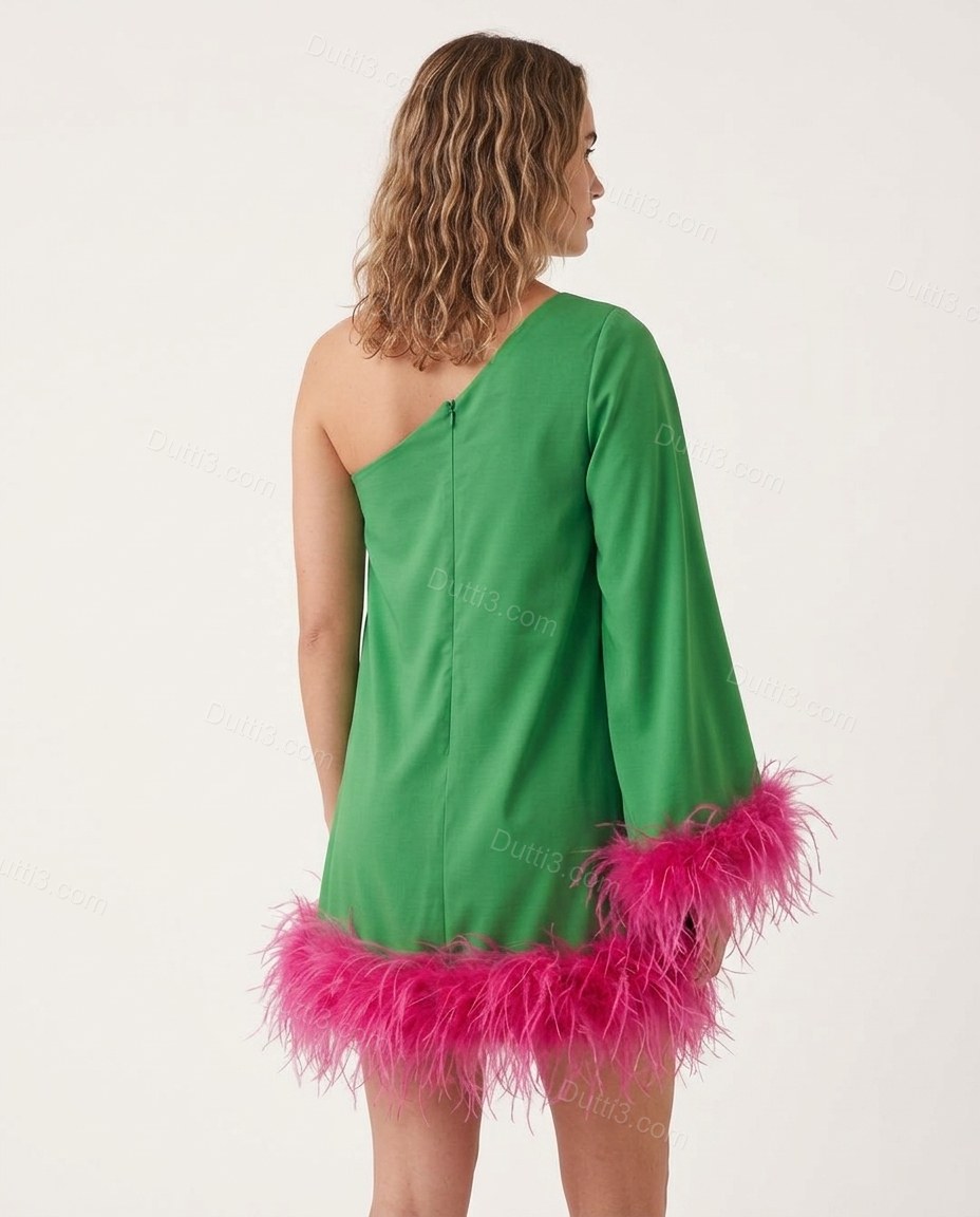 Green Mini One-Shoulder Feather-Trim Dress, side and back studio view, by Dutti3