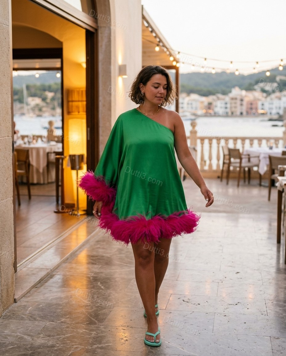 Green Mini One-Shoulder Feather-Trim Dress, walking lifestyle view, by Dutti3