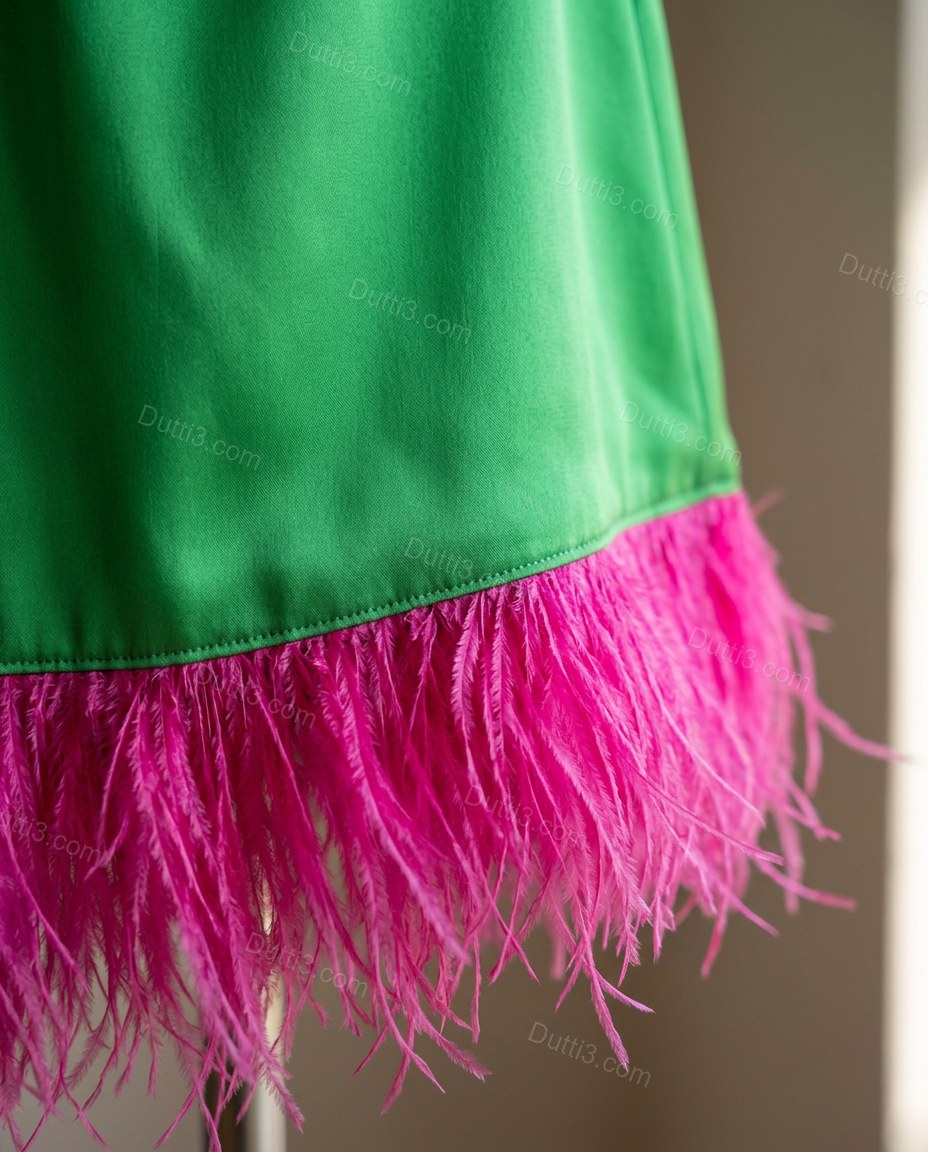 Green Mini One-Shoulder Feather-Trim Dress, close-up of fuchsia accents, feather trim and one-shoulder neckline, by Dutti3