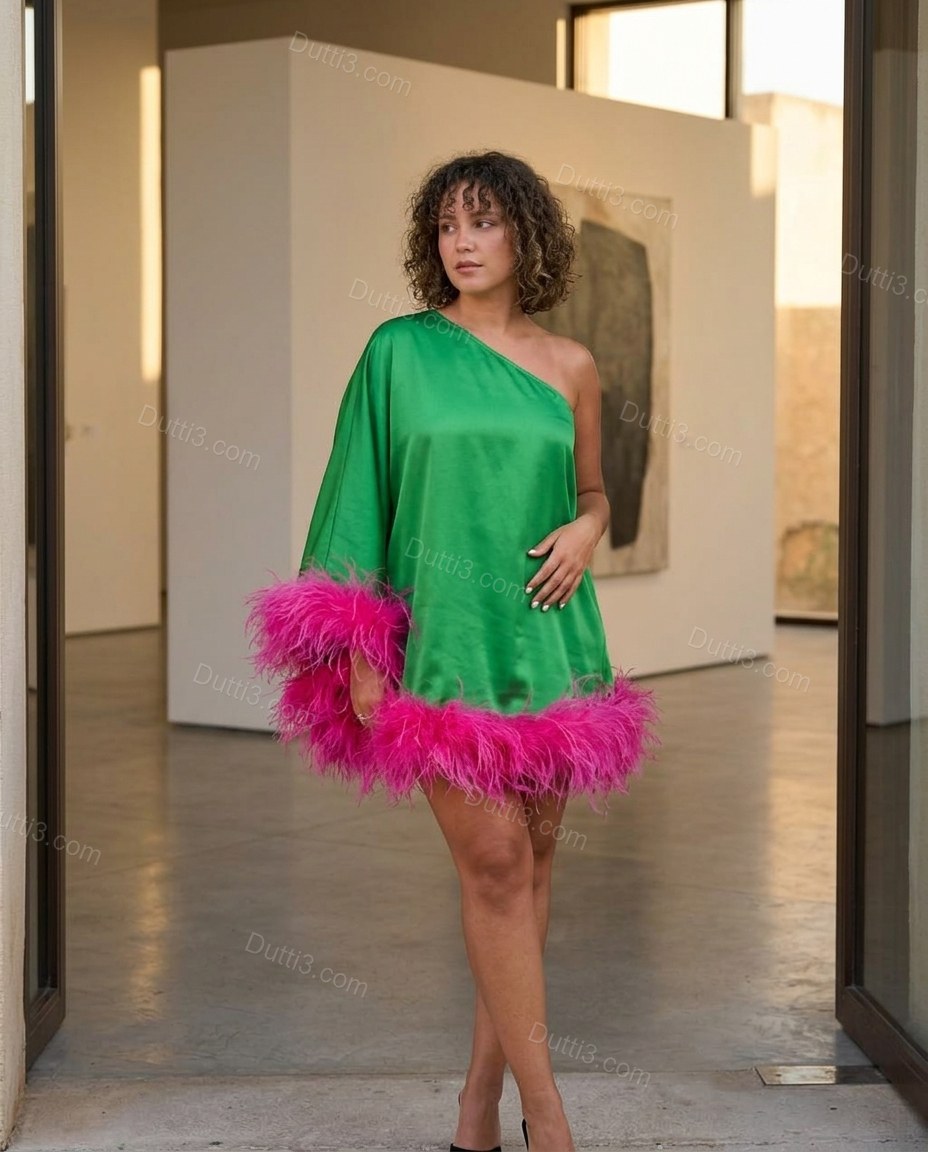 Green Mini One-Shoulder Feather-Trim Dress, three-quarter brand lifestyle view, by Dutti3