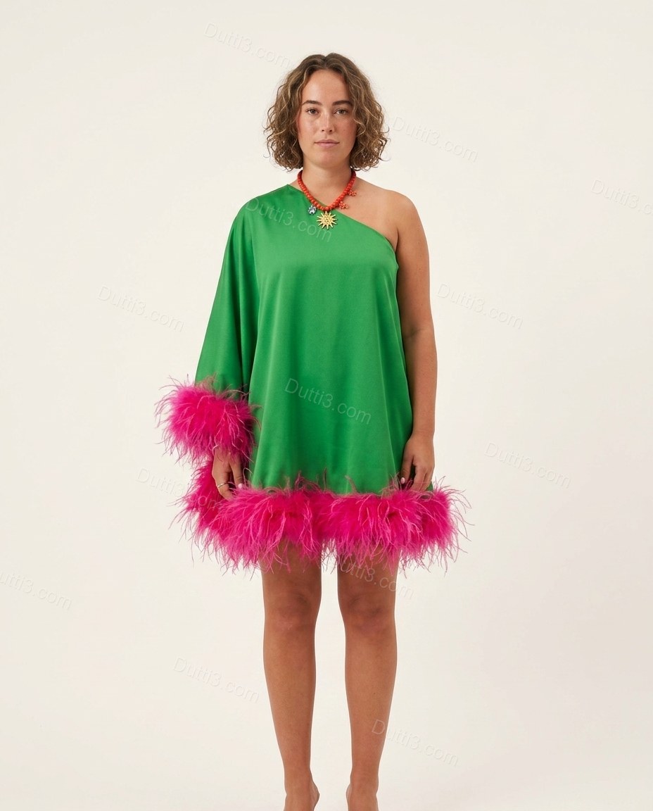 Green Mini One-Shoulder Feather-Trim Dress, front studio view, by Dutti3