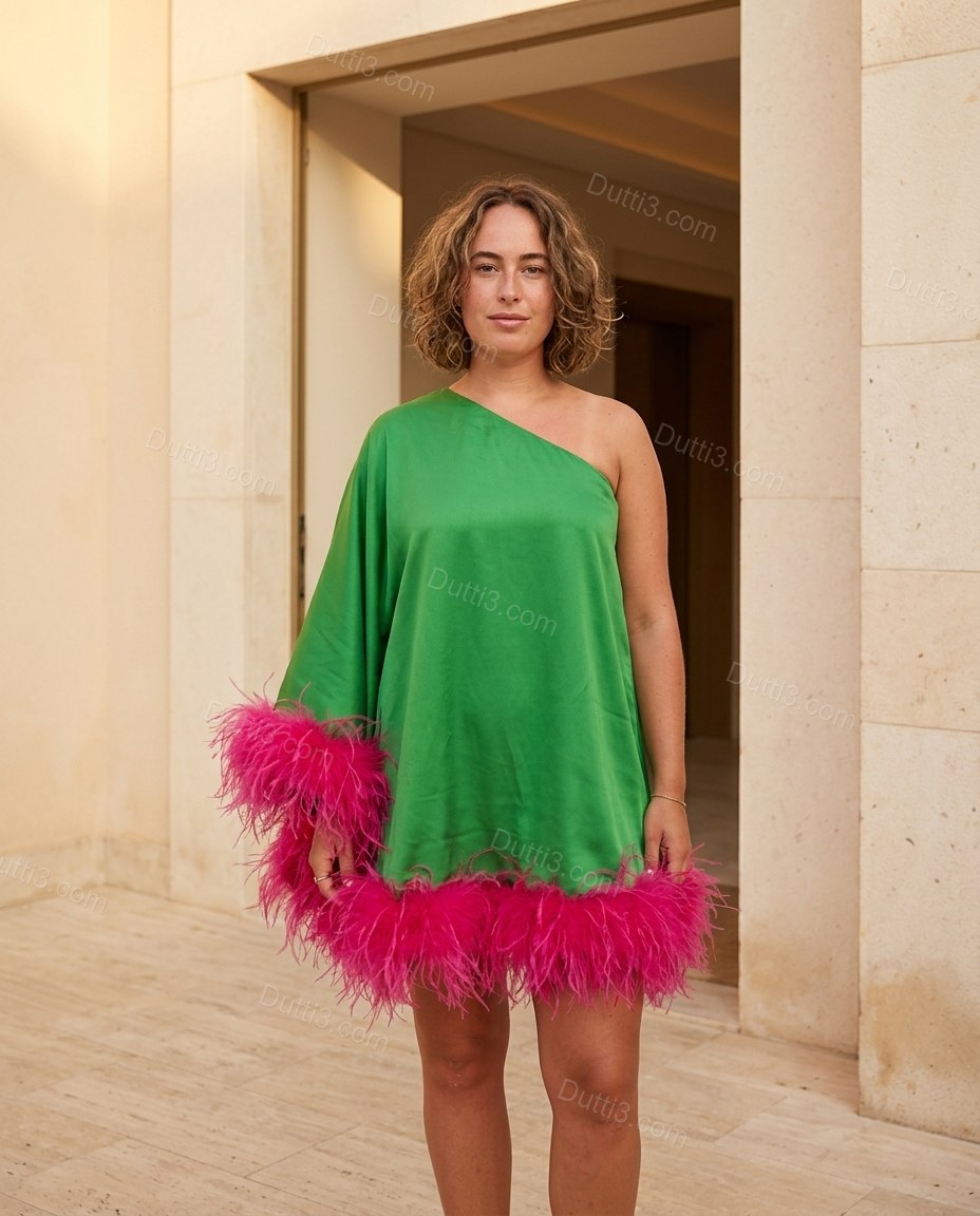 Green Mini One-Shoulder Feather-Trim Dress, full-length hero view, by Dutti3