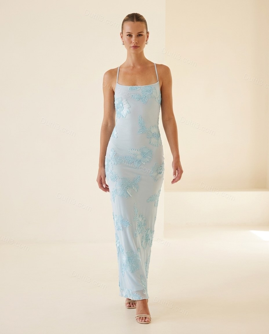 Light Blue Floral Maxi Embroidered Dress, full-length hero view, by Dutti3