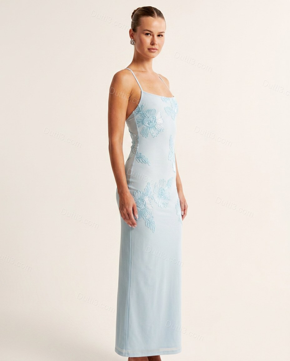 Light Blue Floral Maxi Embroidered Dress, side and back studio view showing open back design with thin spaghetti straps, by Dutti3