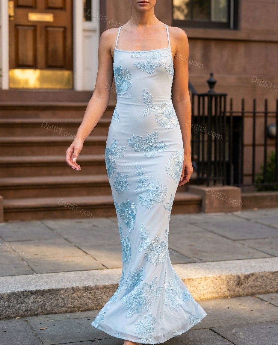 Light Blue Floral Maxi Embroidered Dress, walking lifestyle view, by Dutti3