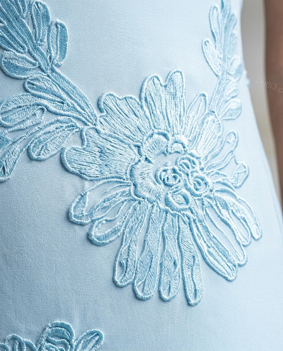 Light Blue Floral Maxi Embroidered Dress, close-up of floral embroidery, by Dutti3