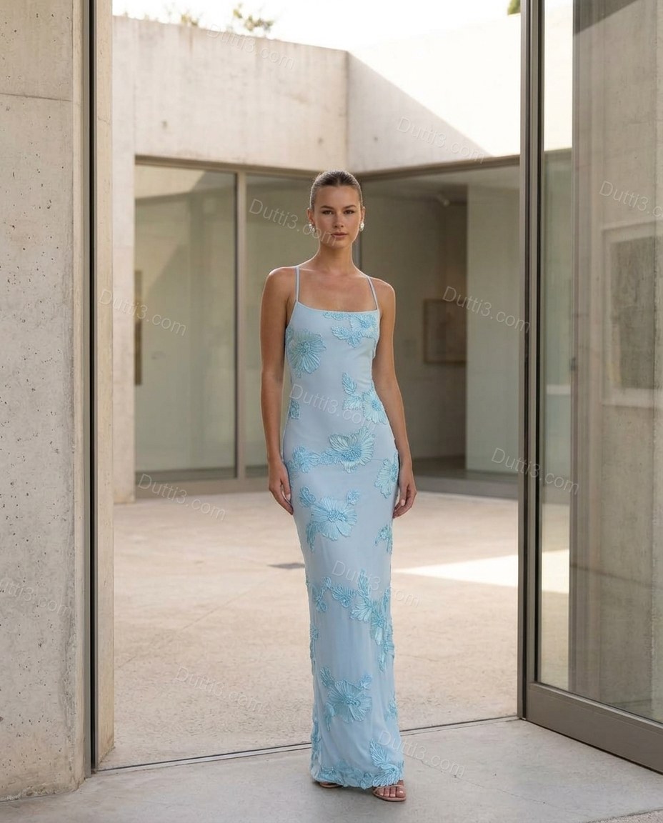 Light Blue Floral Maxi Embroidered Dress, alternate use-case lifestyle view, by Dutti3