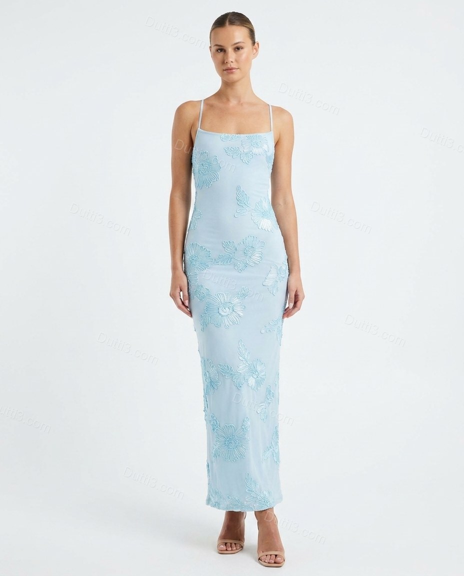 Light Blue Floral Maxi Embroidered Dress, front studio view, by Dutti3