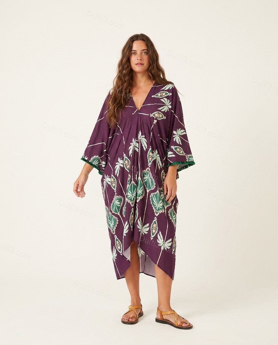Purple Ikat Midi Fringe Dress, front studio view, by Dutti3