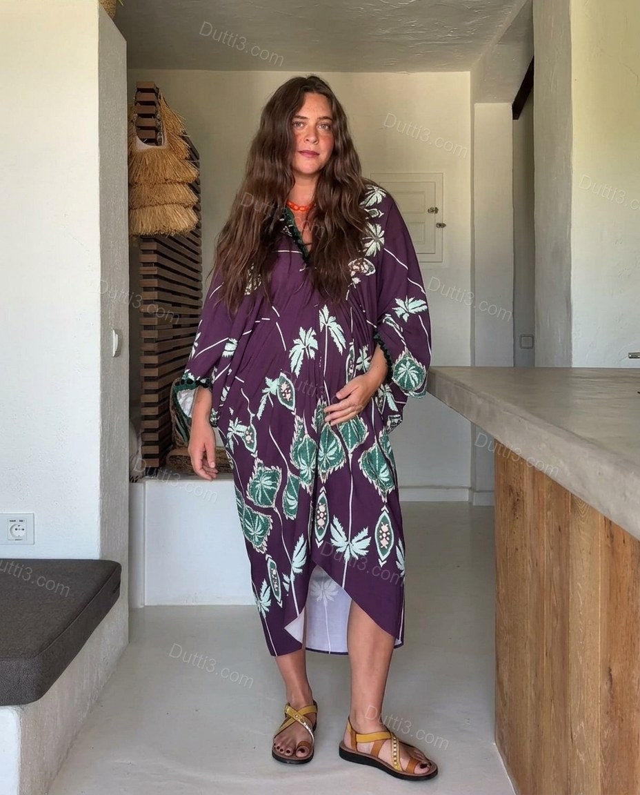 Purple Ikat Midi Fringe Dress, full-length hero view, by Dutti3