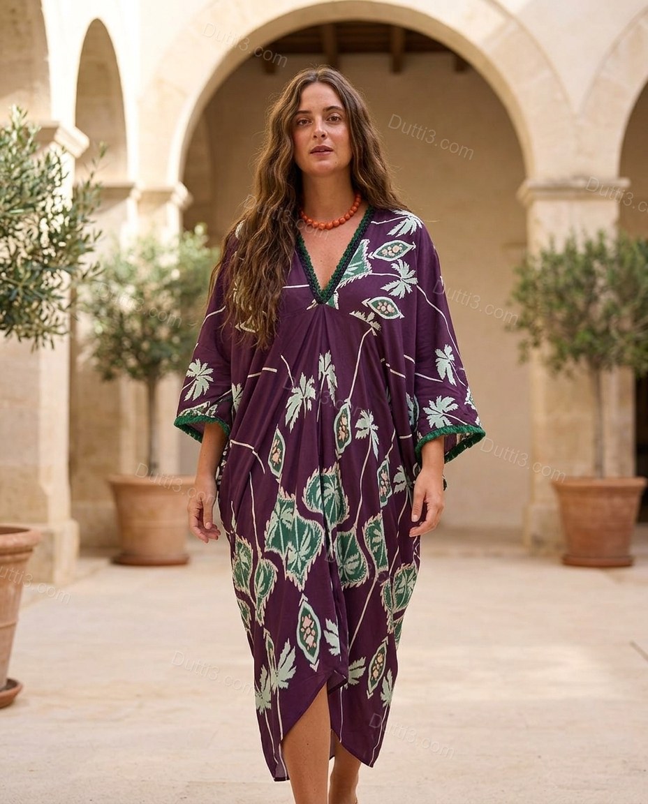 Purple Ikat Midi Fringe Dress, three-quarter brand lifestyle view, by Dutti3