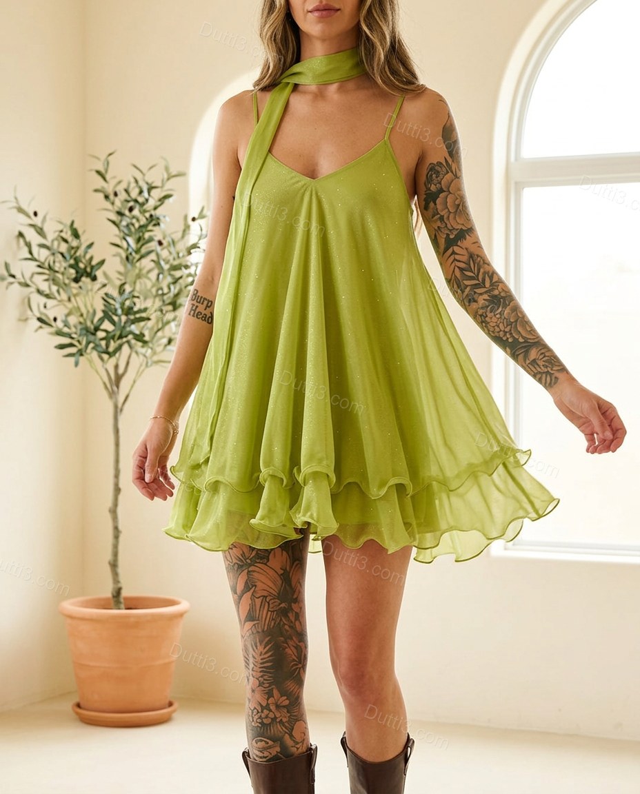 Green Romantic Tiered Mini Dress by Dutti3