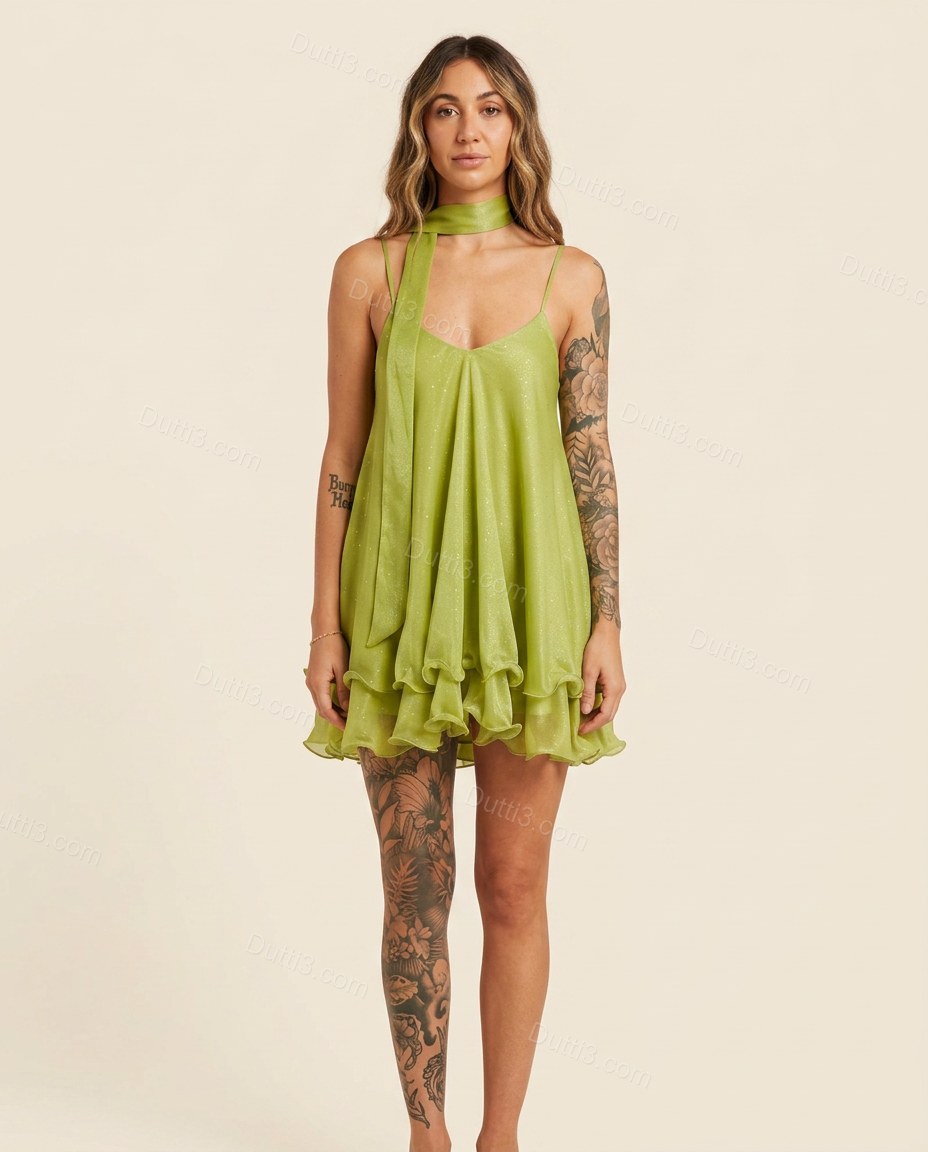 Green Romantic Tiered Mini Dress by Dutti3