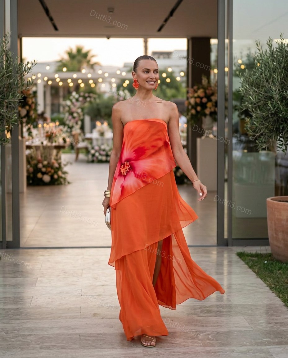Orange Sleek Floral Maxi Dress by Dutti3