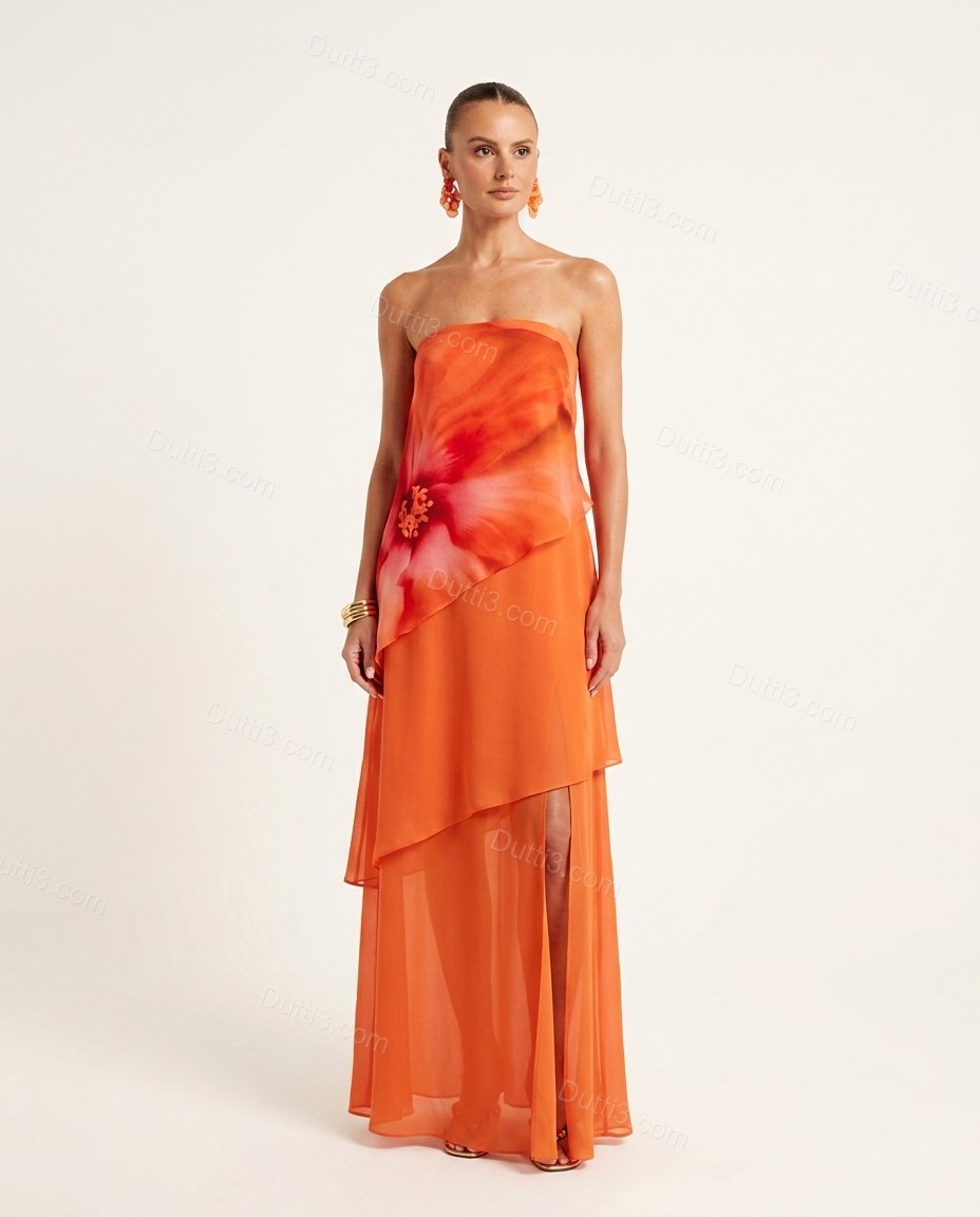 Orange Sleek Floral Maxi Dress by Dutti3