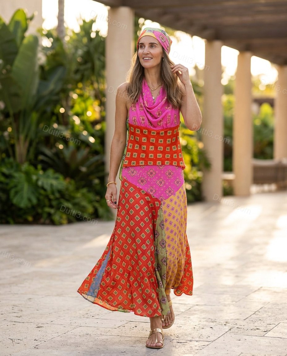 Pink Refined Floral Maxi Dress Pink Maxi Dress with Flowing silhouette and Textured texture, lifestyle scene image for Office-to-Dinner, an early-evening outing, Fall late-summer city plans and early-fall occasions, Euro Chic Premium by Dutti3