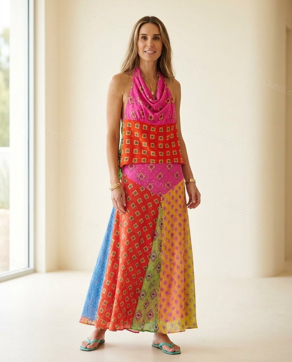 Pink Refined Floral Maxi Dress Pink Maxi Dress with Flowing silhouette and Textured texture, front view product image for Office-to-Dinner, an early-evening outing, Fall late-summer city plans and early-fall occasions, Euro Chic Premium by Dutti3
