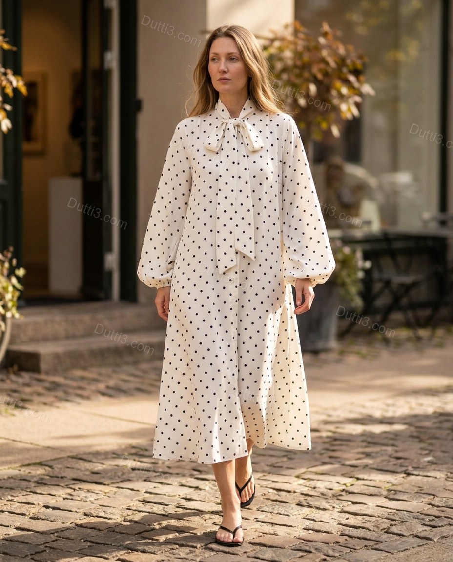 Black Refined Polka Dot Midi Dress by Dutti3