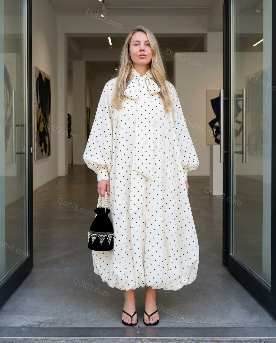 Black Refined Polka Dot Midi Dress by Dutti3