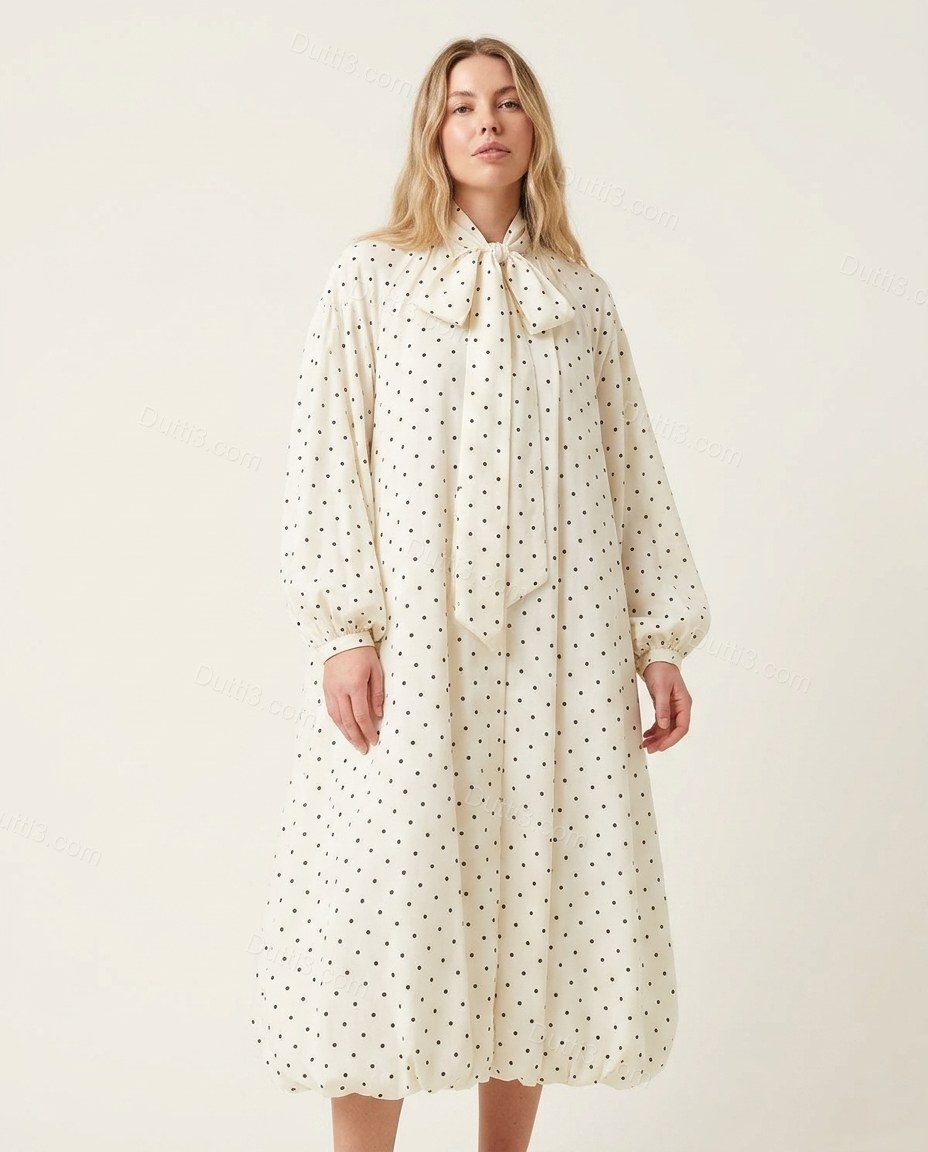 Black Refined Polka Dot Midi Dress by Dutti3