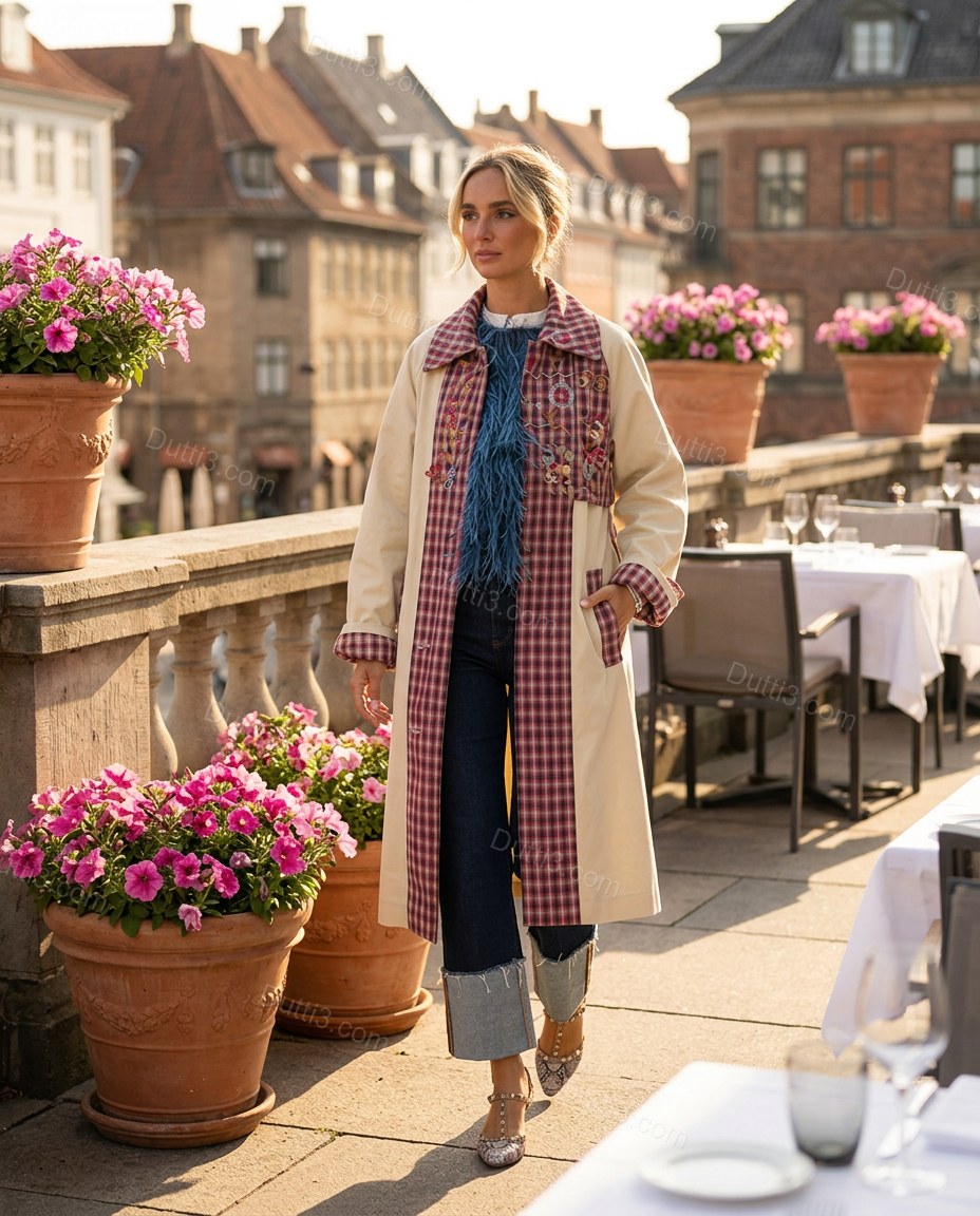Beige Plaid Embroidered Cotton Coat, movement and fit lifestyle view, by Dutti3