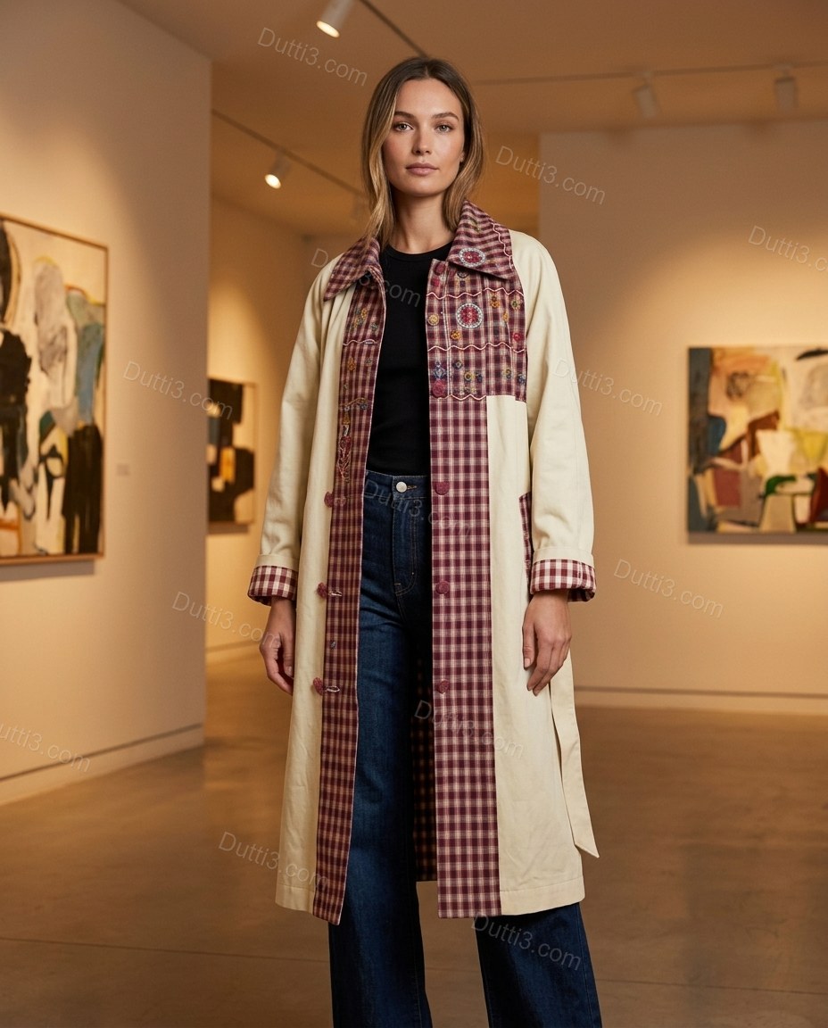 Beige Plaid Embroidered Cotton Coat, alternate use-case lifestyle view, by Dutti3