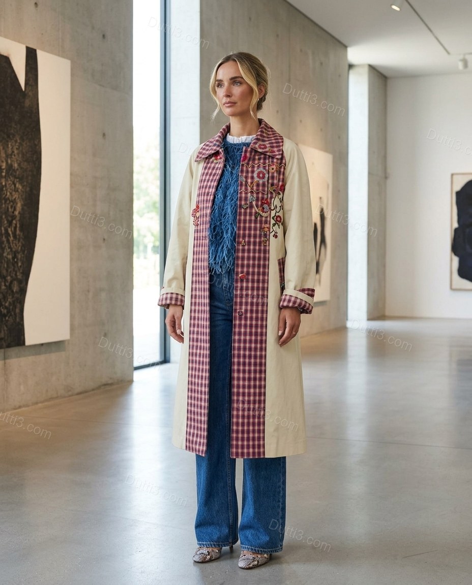Beige Plaid Embroidered Cotton Coat, three-quarter brand lifestyle view, by Dutti3