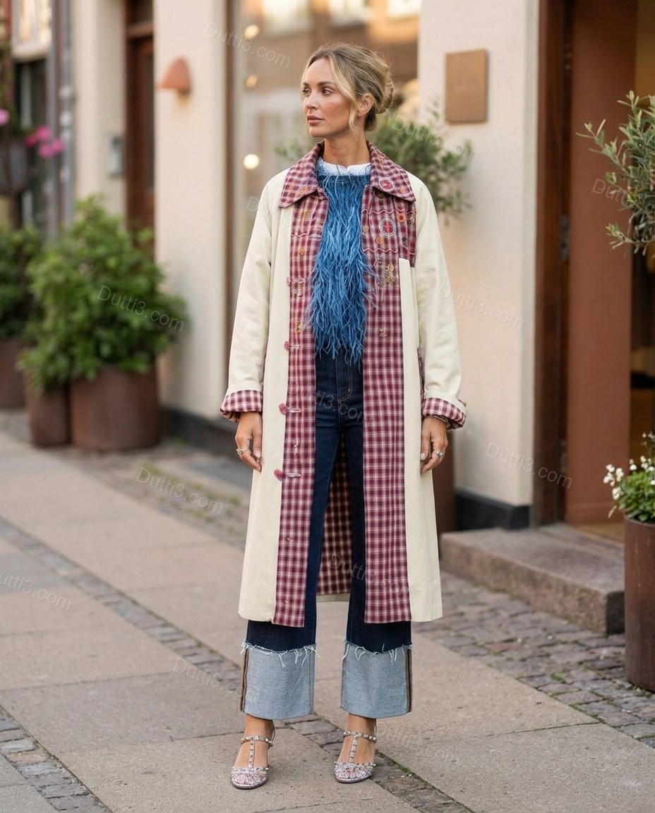 Beige Plaid Embroidered Cotton Coat, full-length hero view, by Dutti3