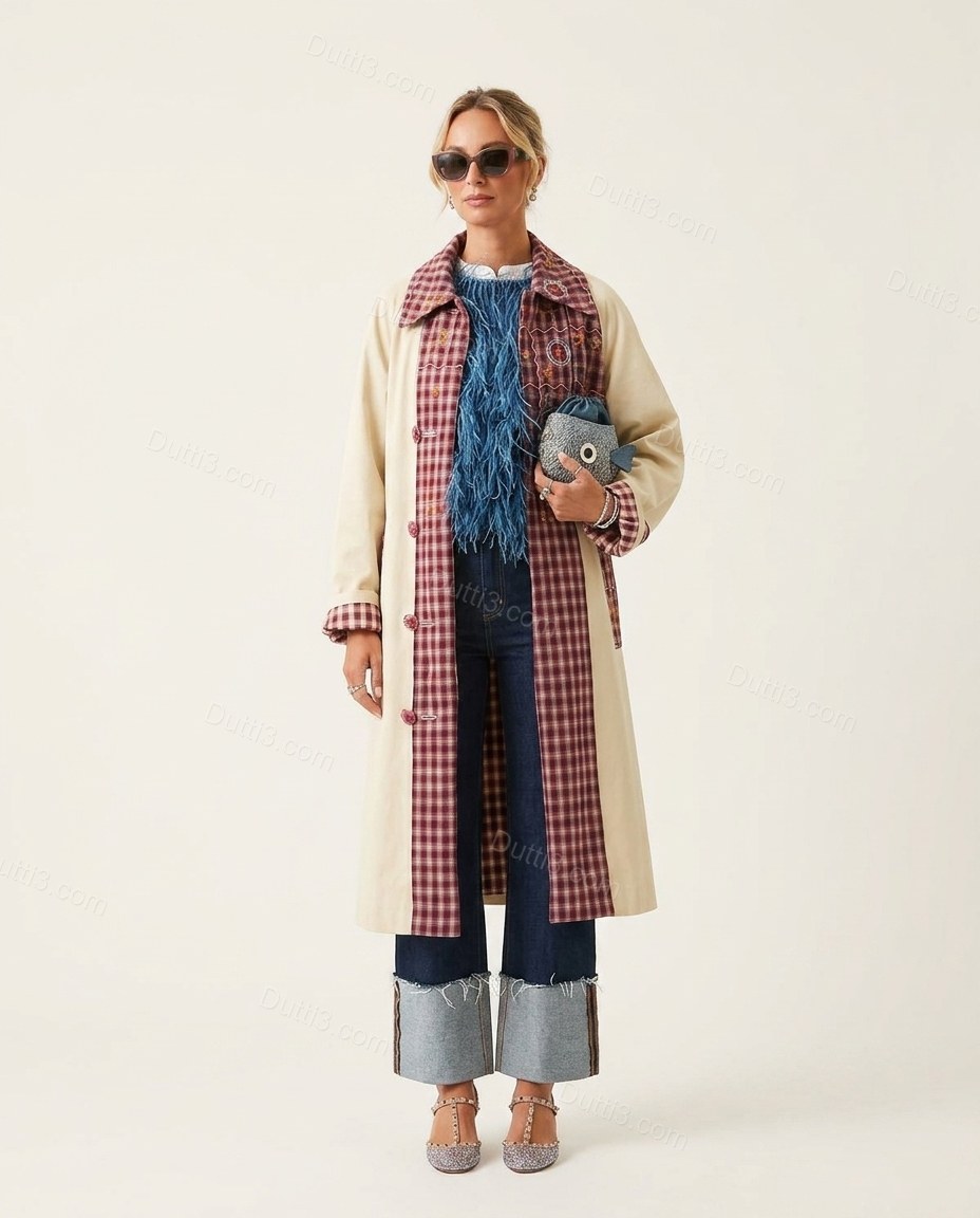 Beige Plaid Embroidered Cotton Coat, front studio view, by Dutti3