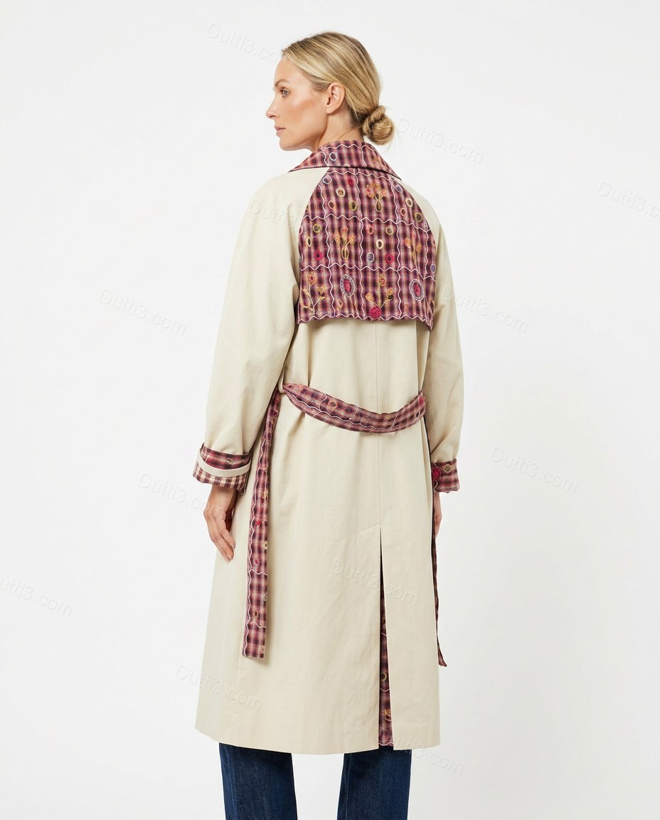 Beige Plaid Embroidered Cotton Coat, back studio view, by Dutti3