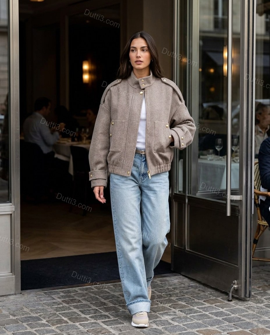 Taupe Ribbed Jacket, movement and fit lifestyle view, by Dutti3