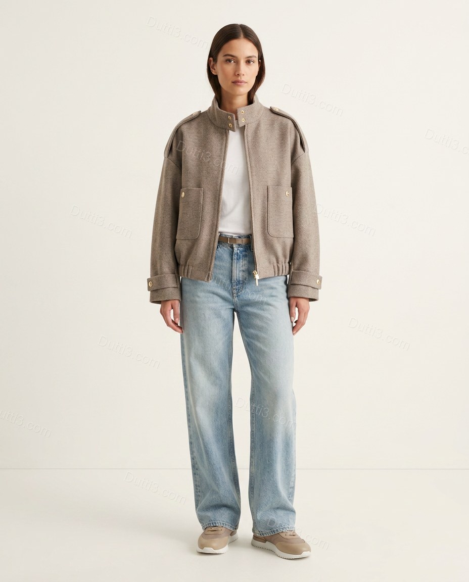 Taupe Ribbed Jacket, front studio view, by Dutti3