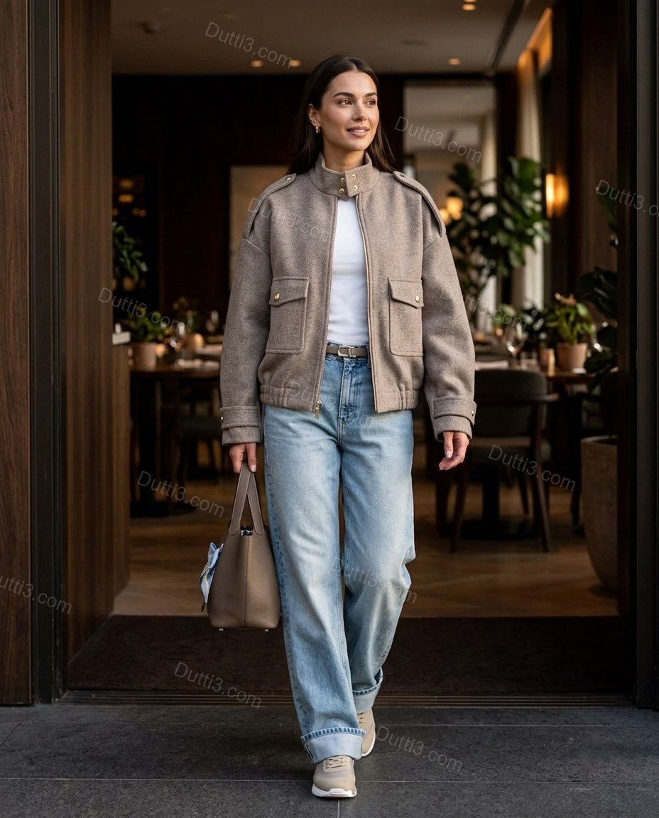 Taupe Ribbed Jacket, walking lifestyle view, by Dutti3