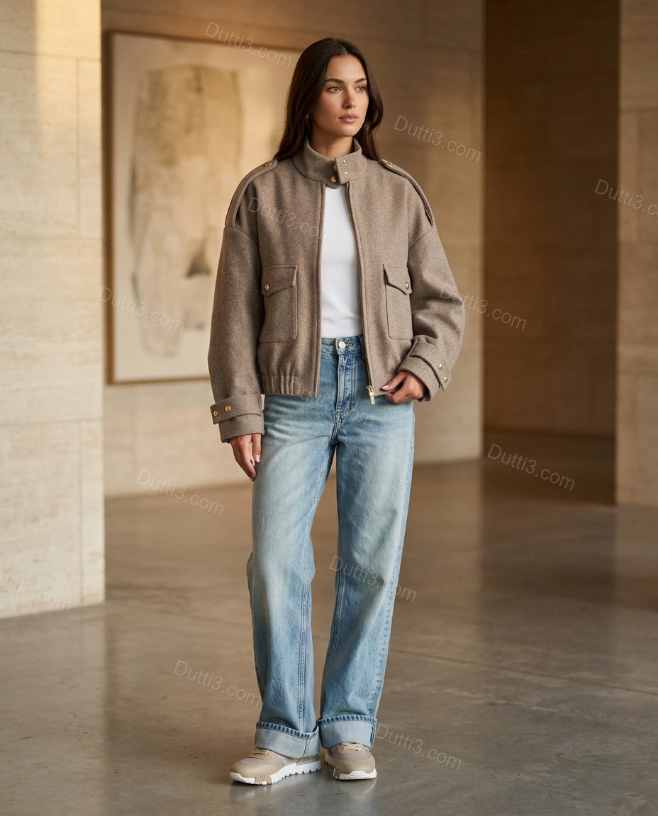 Taupe Ribbed Jacket, three-quarter brand lifestyle view, by Dutti3