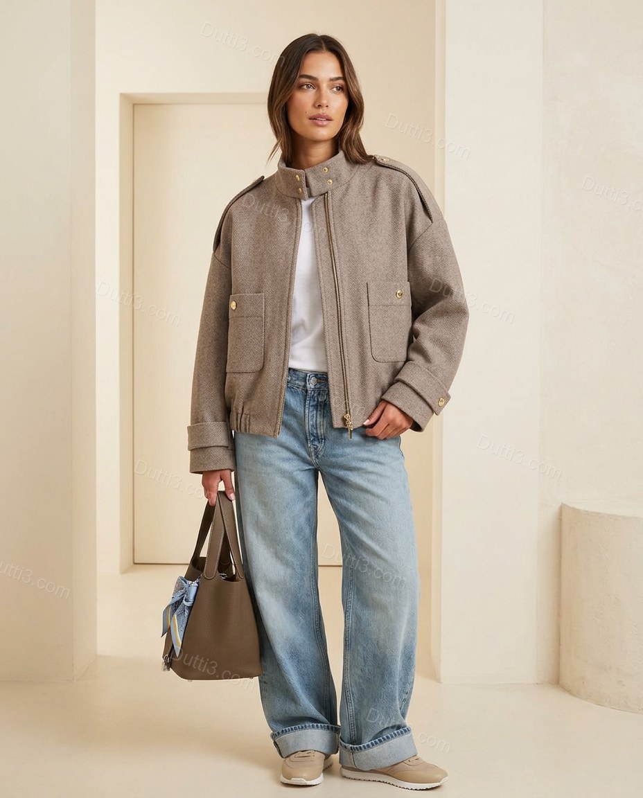 Taupe Ribbed Jacket, full-length hero view, by Dutti3